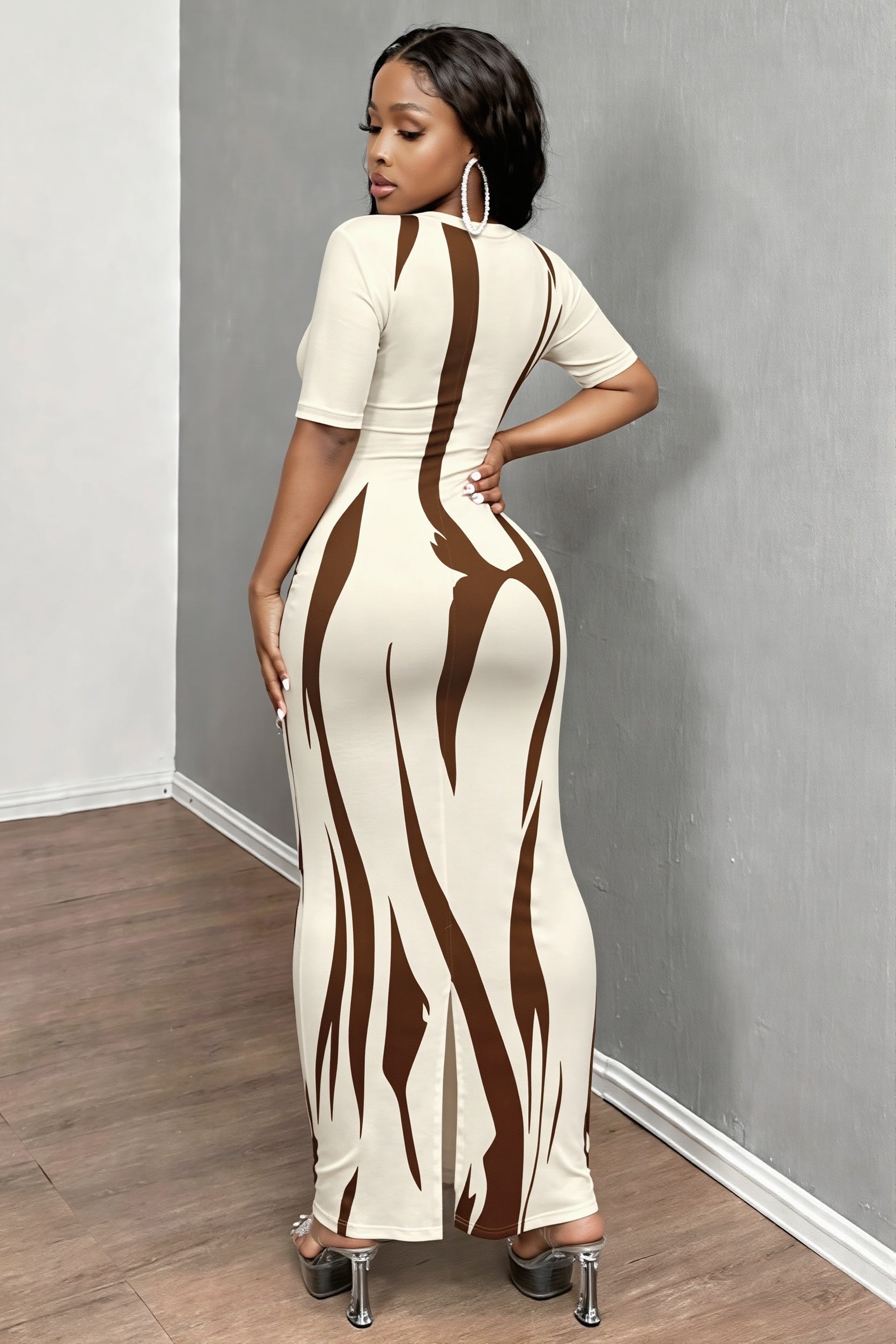 Elegant Daily Commute Printed Short Sleeve V Neck Slim Maxi Dress