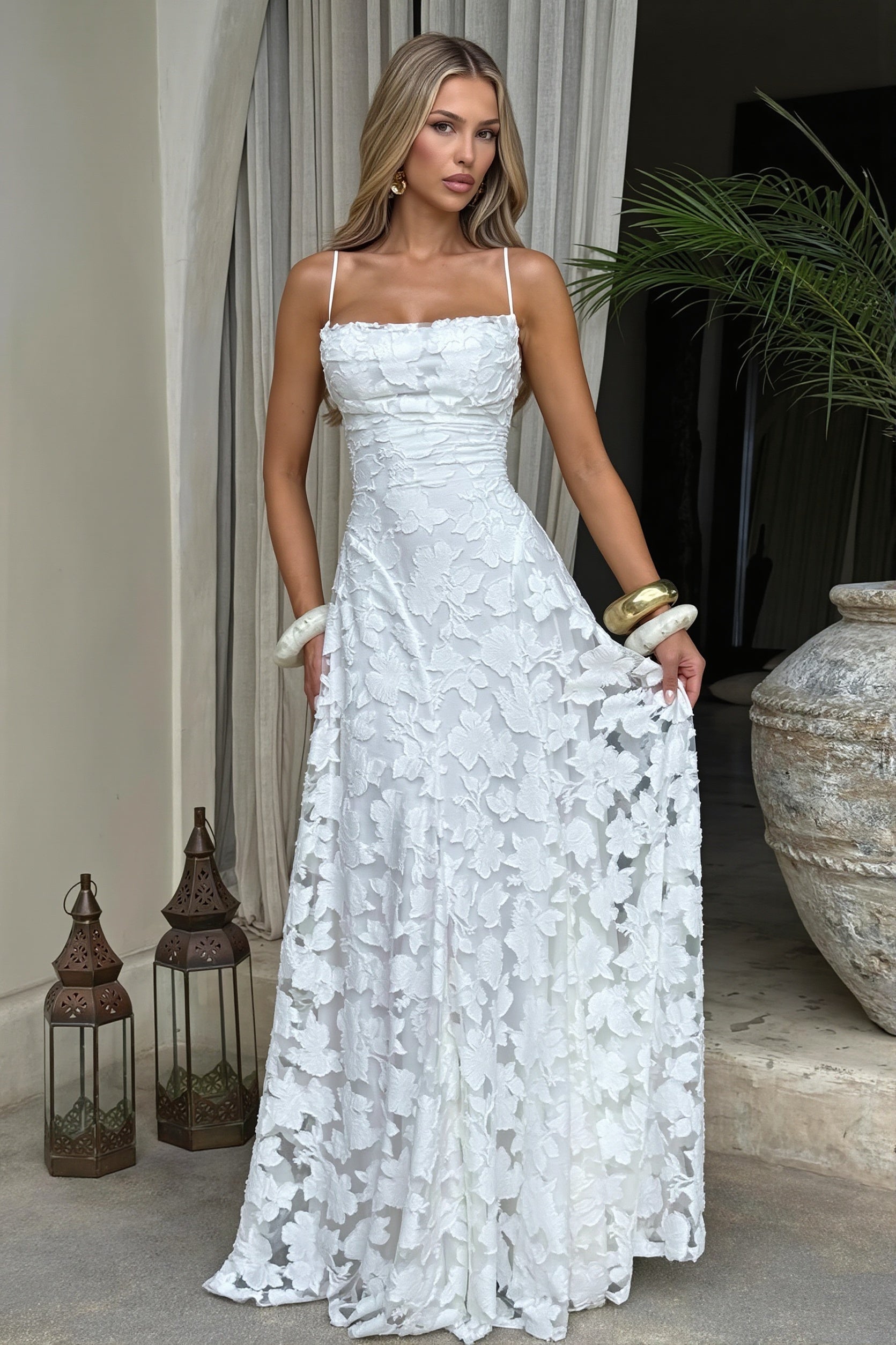 Chiffon Jacquard Backless Cami Maxi Dress