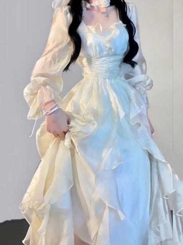 Elegante vestido de hada con volantes lisos, moda coreana, vestido midi ajustado de cintura A, vestido de fiesta de princesa para primavera y verano para mujer. 