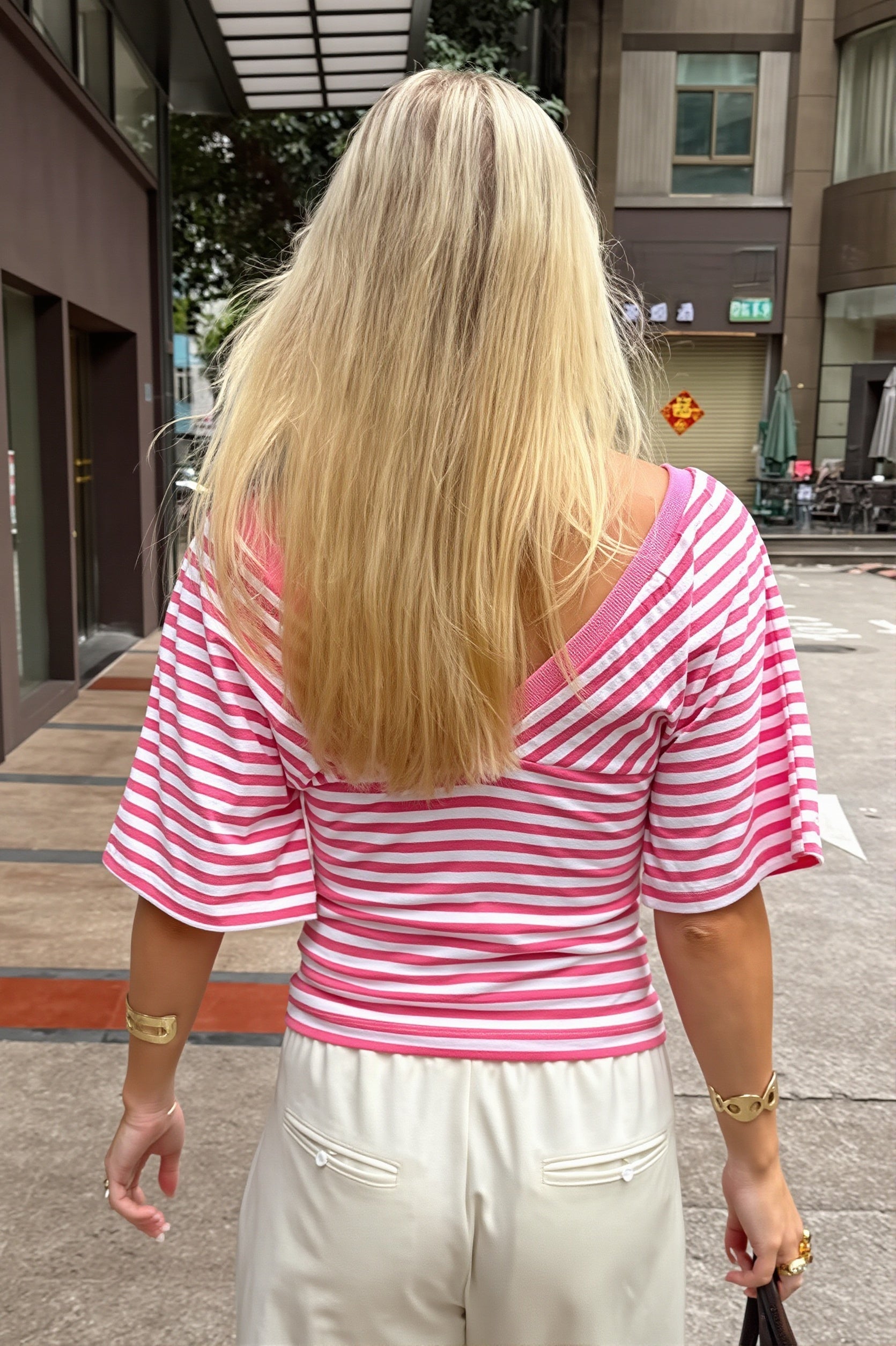 Casual Color Block Stripe V Neck Blouse