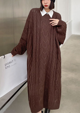 Edles, kaffeefarbenes, lässiges Jacquard-Pulloverkleid mit O-Ausschnitt für den Herbst 