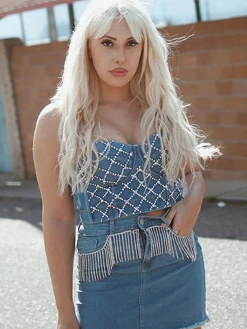 TARUXY Rhinestone Elastic Denim Corset Tops Women Summer Sleeveless Body Shaping Crop Cami Tops Blue Denim Sparkly Bustiers Tee