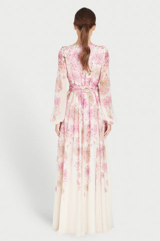 Floral Print Round Neck Puff Sleeve Maxi Dress