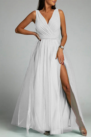 Meridress Sleeveless V Neck High Waist Slit Maxi Glitter Party Dress