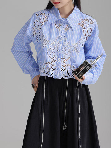 Lange Ärmel Lose Geknöpft Hohl Einfarbig Revers Blusen &amp; Hemden Tops 