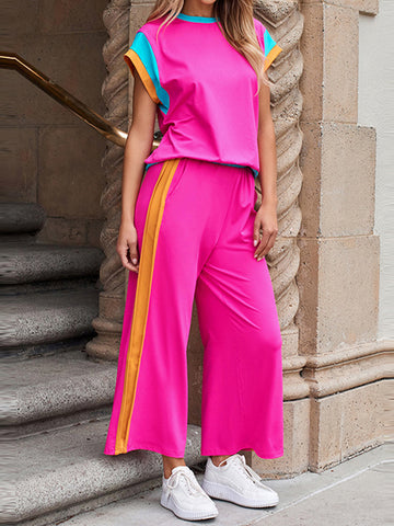 Loose Raglan Sleeve Contrast Color Split-Joint Round-Neck T-Shirt Top + Elasticity Pockets Pants Bottom Two Pieces Set