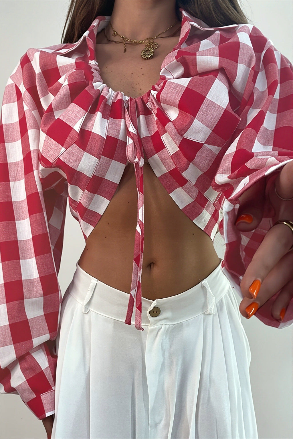 Short Plaid Tie Lapel Long Sleeve Blouse