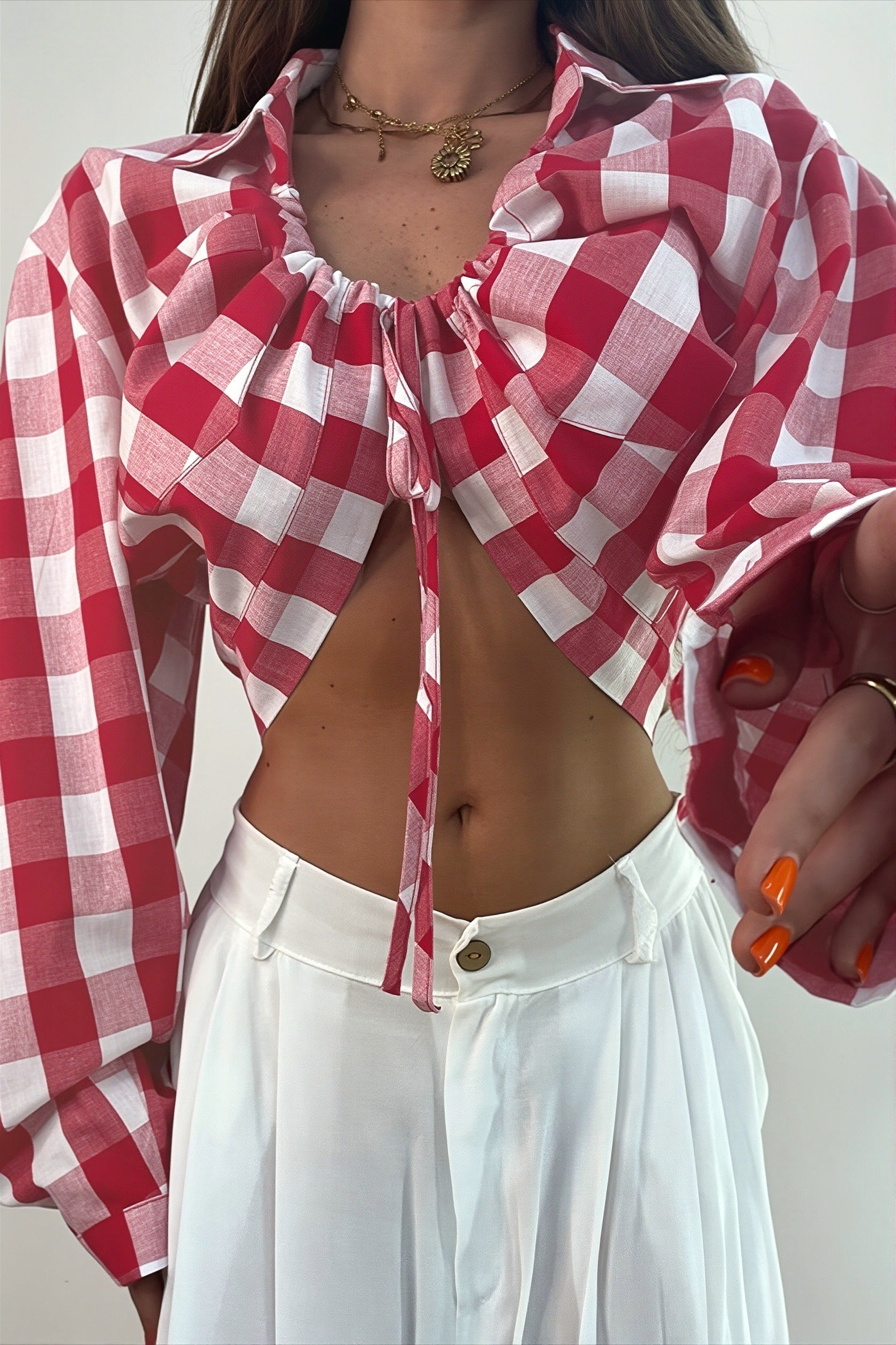 Short Plaid Tie Lapel Long Sleeve Blouse