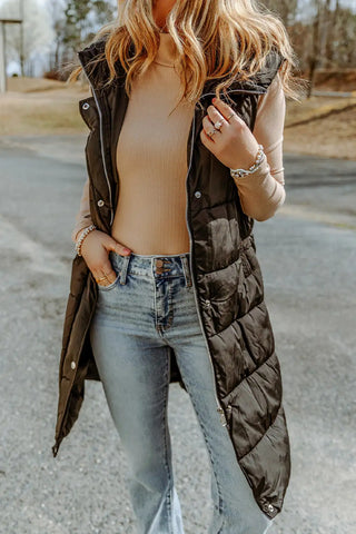 chic black quilted hooded vest coat