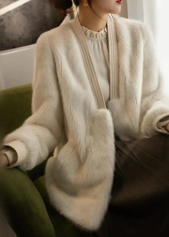 Plus Size Beige V-Ausschnitt Nerzhaarmäntel Langarm 