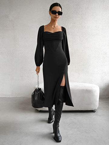 Sexy Slit Dress Square Neck Lace-up Backless Birthday Party Prom Midi Dresses