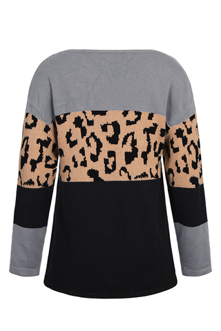 Casual Leopard Patchwork Contrast O Neck Sweaters(4 Colors)