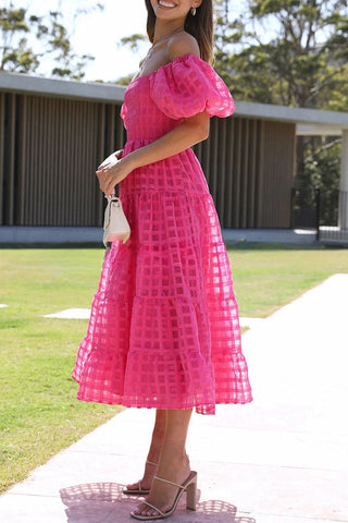 Vestido midi con mangas abullonadas y fruncido de tela con estampado cuadrado Dare To Dance 