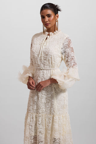 Vestido midi de encaje floral 3D liso con cinturón de perlas falsas 