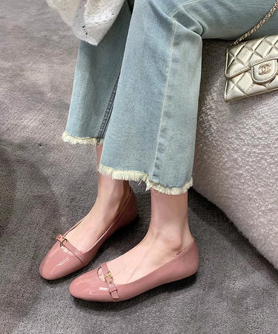French Pink Faux Leather Flat Feet Shoes Splicing