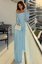 Off Shoulder Long Sleeve Solid Tie Bodycon Maxi Dress