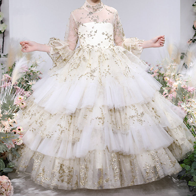 Vestido de primera comunión para niña, vestido de princesa con flores y malla abullonada. 