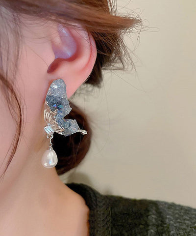 Pendientes de plata de ley azul con circonitas, perlas y cristales, con forma de mariposa y gotas de agua. 