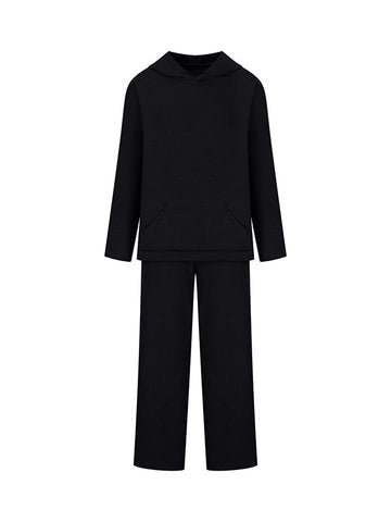 Conjunto de dos piezas de suéter holgado de color sólido con cuello redondo, capucha y mangas largas + pantalón con cordón ajustable 