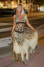 Deep V Neck Leopard Flared Hem Maxi Dress