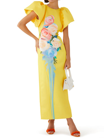 Short Sleeves Floral Printed Split-back Round-neck Maxi Dresses
