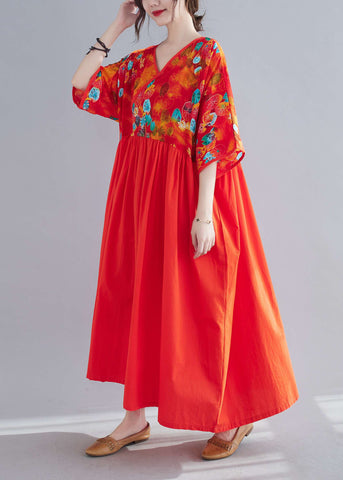 Vestido de fiesta de patchwork rojo con escote en V y media manga 