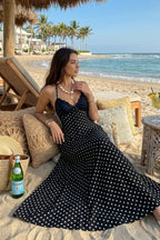 Elegant Polka Dot Halter Lace Spliced Back Tie Slimming Maxi Dress
