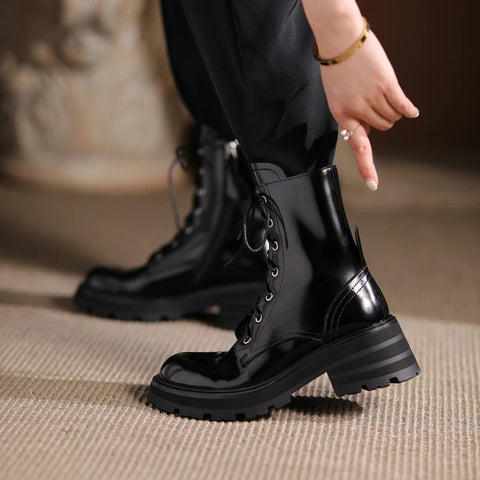 Botas de mujer otoño 2024, nuevas botas de tobillo de piel auténtica de estilo británico con suela gruesa y cordones, botas de plataforma para mujer 