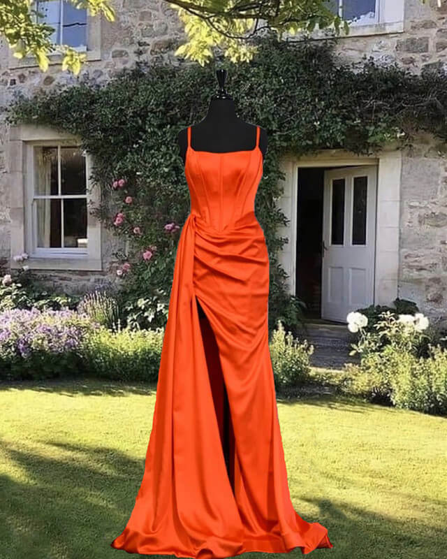 Vestido de fiesta de satén naranja con tirantes finos y corte sirena