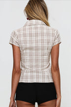 Polo Neck Pleated Cropped Slim Blouse