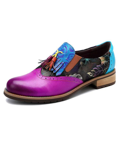 Colorblock Women Splicing Chunky Flat Shoes Cowhide Leather