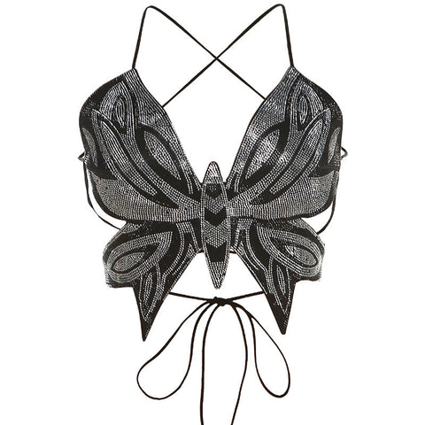 Camiseta sin mangas ajustada con estampado de mariposas y espalda descubierta para mujer 