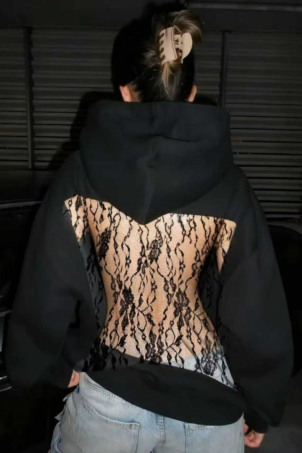 Hollow Mesh Long Sleeve Pullover Hoodie