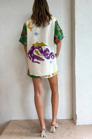 Conjunto de blusa con estampado único de mezcla de lino Days of Heaven y pantalones cortos con bolsillos y cintura elástica 