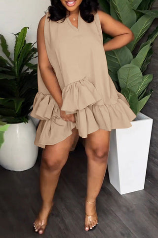 Minivestido sin mangas con cuello en V y doble capa con volantes (con cinturón) 