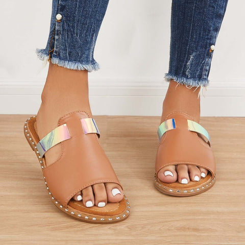 Bunte, offene Zehenpartie zum Hineinschlüpfen, flache Hausschuhe, Slide-Sandalen 