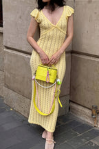Knit V-Neck Backless Ruffle Maxi Dress