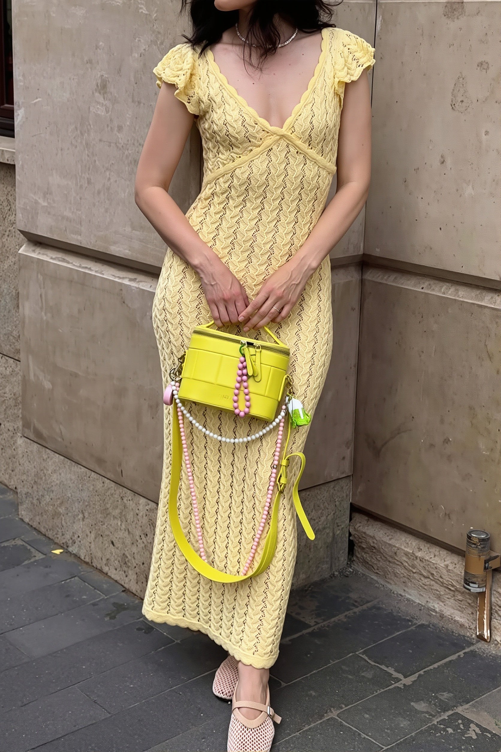 Knit V-Neck Backless Ruffle Maxi Dress