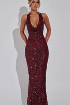 Sequin Deep V Halter Bodycon Maxi Dress