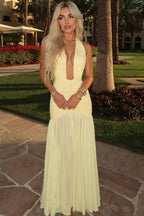 Solid Sexy Mesh Patchwork Deep V Halter Maxi Dress