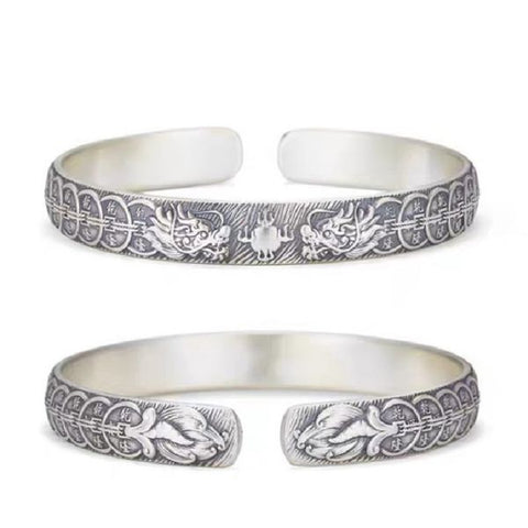 Sterling Silver Double Dragons Playing with Pearls Qianlong Copper Coin Bracelet
