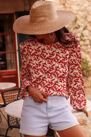 bohemian red floral open back blouse