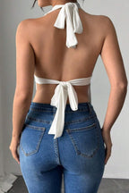 Sexy Solid Metal Buckle Backless Halter Top