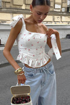 Chic Floral Print Ruffle Tie Cami Top