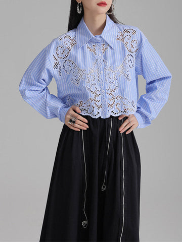 Lange Ärmel Lose Geknöpft Hohl Einfarbig Revers Blusen &amp; Hemden Tops 