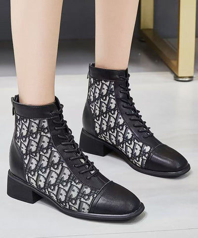 Botas gruesas de piel sintética negra con cordones para mujer 