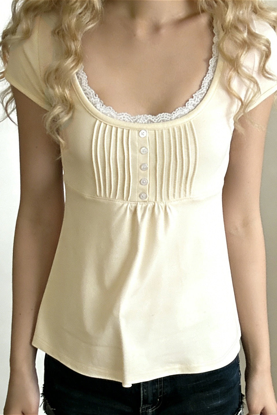 Lace Ruffle Pleated Button Blouse