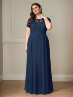 Dunkelblaues A-Linien-Pailletten-Chiffonkleid mit U-Boot-Ausschnitt 