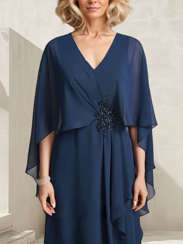 A-Linien-Kleid aus Chiffon mit V-Ausschnitt, bodenlang, mit Kaskadenrüschen und Perlenstickerei für die Mutter der Braut. 