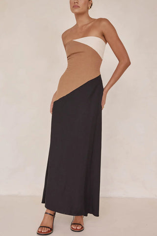 Meridress Strapless Color Block Pocketed Maxi Party Dress